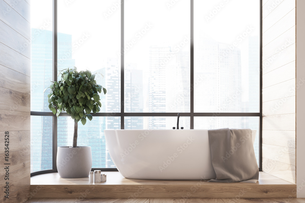 Fototapeta premium Big window bathroom interior, tree