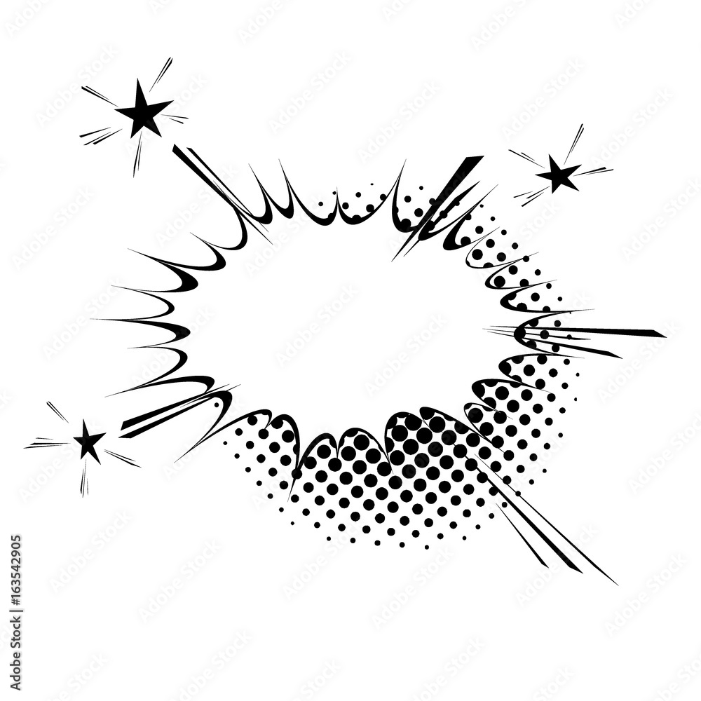 Fototapeta premium Comic book style explosion expression cloud retro design. Burst halftone black and white vintage frame element