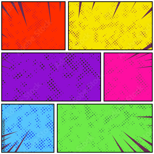 Bright colorful retro style pop art comic page strip. Abstract divided story frames. Vintage retro layout
