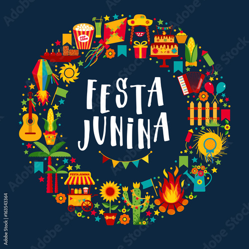 Festa Junina village festival in Latin America. Icons set in bright color.