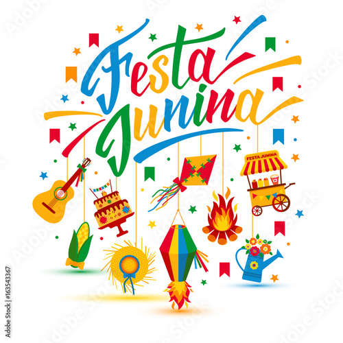 Festa Junina village festival in Latin America. Icons set in bright color.
