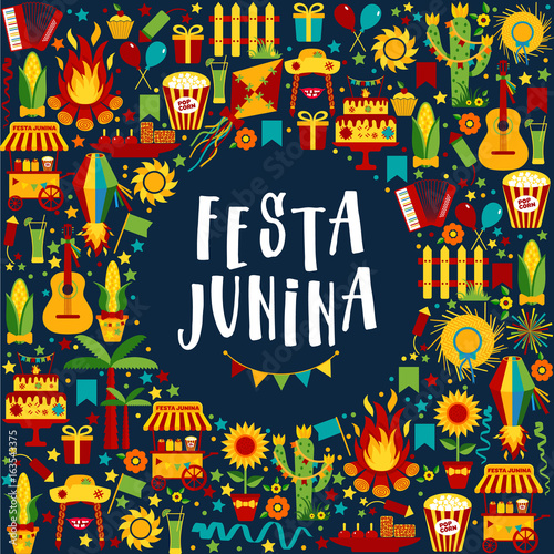 Festa Junina village festival in Latin America. Icons set in bright color.