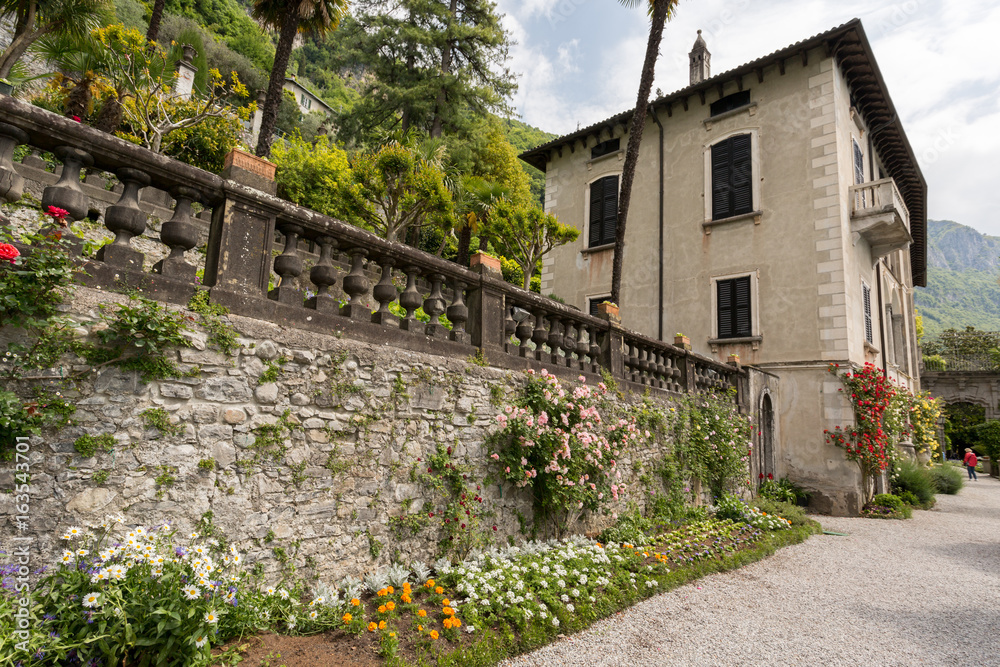 Allée, façade et mur fleuri dans le parc