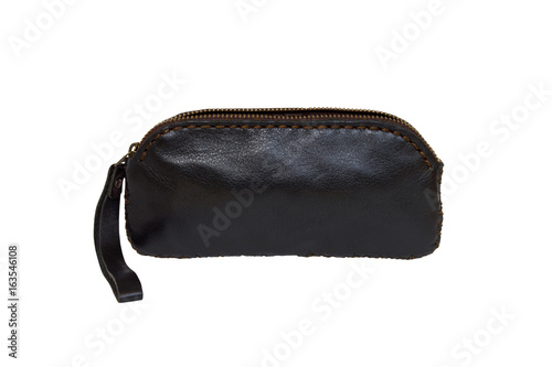 Black leather purse or wallet or holster isolated on a white background.