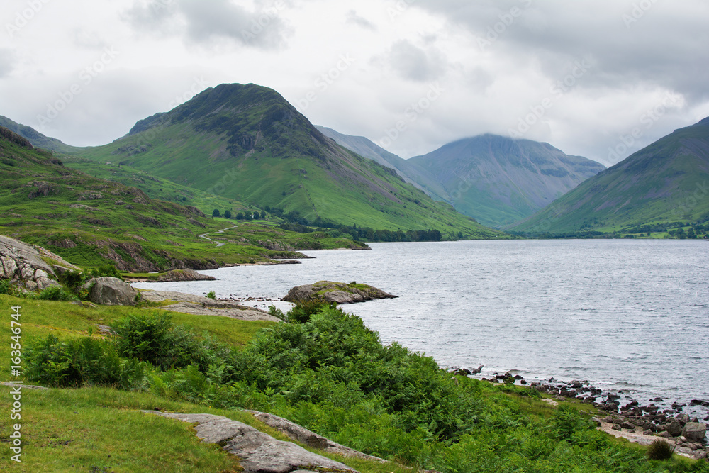 Wast Water lake, view from the side of the road, Lake District National Park, England, selective focus