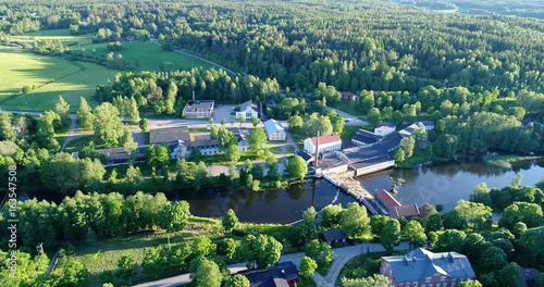 Billnas, Cinema 4k aerial pan view of pinjainen steelworks, on a sunny summer evevning, in Karjaa, Uusimaa, Finland photo