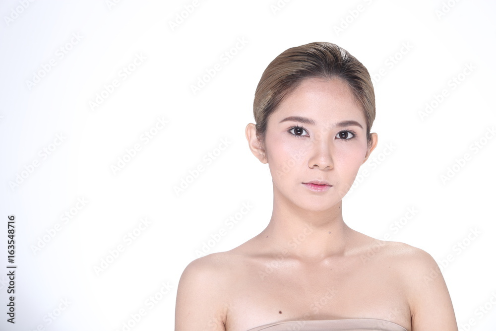 Beautiful Clean Skin Woman straight black hair with Smooth pose open shoulder smile Beautiful Clean Skin Woman straight black hair with Smooth pose open shoulder smile