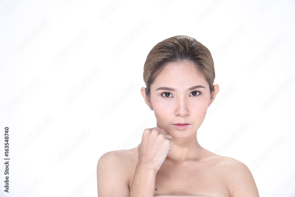 Beautiful Clean Skin Woman straight black hair with Smooth pose open shoulder smile Beautiful Clean Skin Woman straight black hair with Smooth pose open shoulder smile