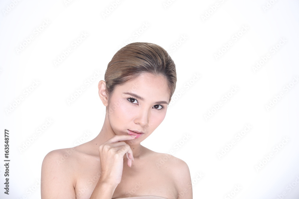 Beautiful Clean Skin Woman straight black hair with Smooth pose open shoulder smile Beautiful Clean Skin Woman straight black hair with Smooth pose open shoulder smile