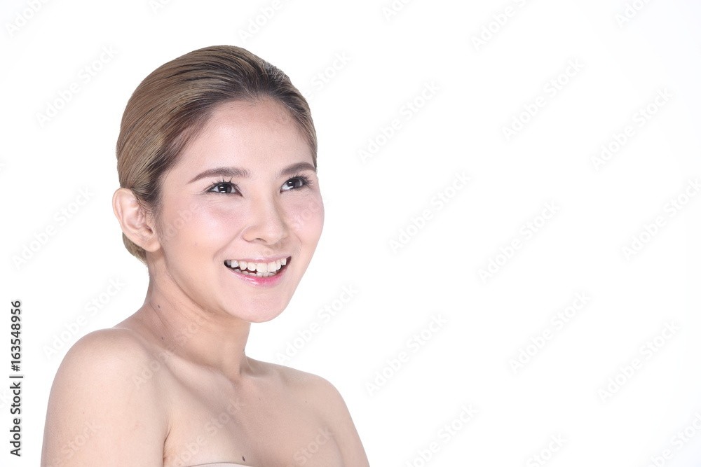 Beautiful Clean Skin Woman straight black hair with Smooth pose open shoulder smile Beautiful Clean Skin Woman straight black hair with Smooth pose open shoulder smile