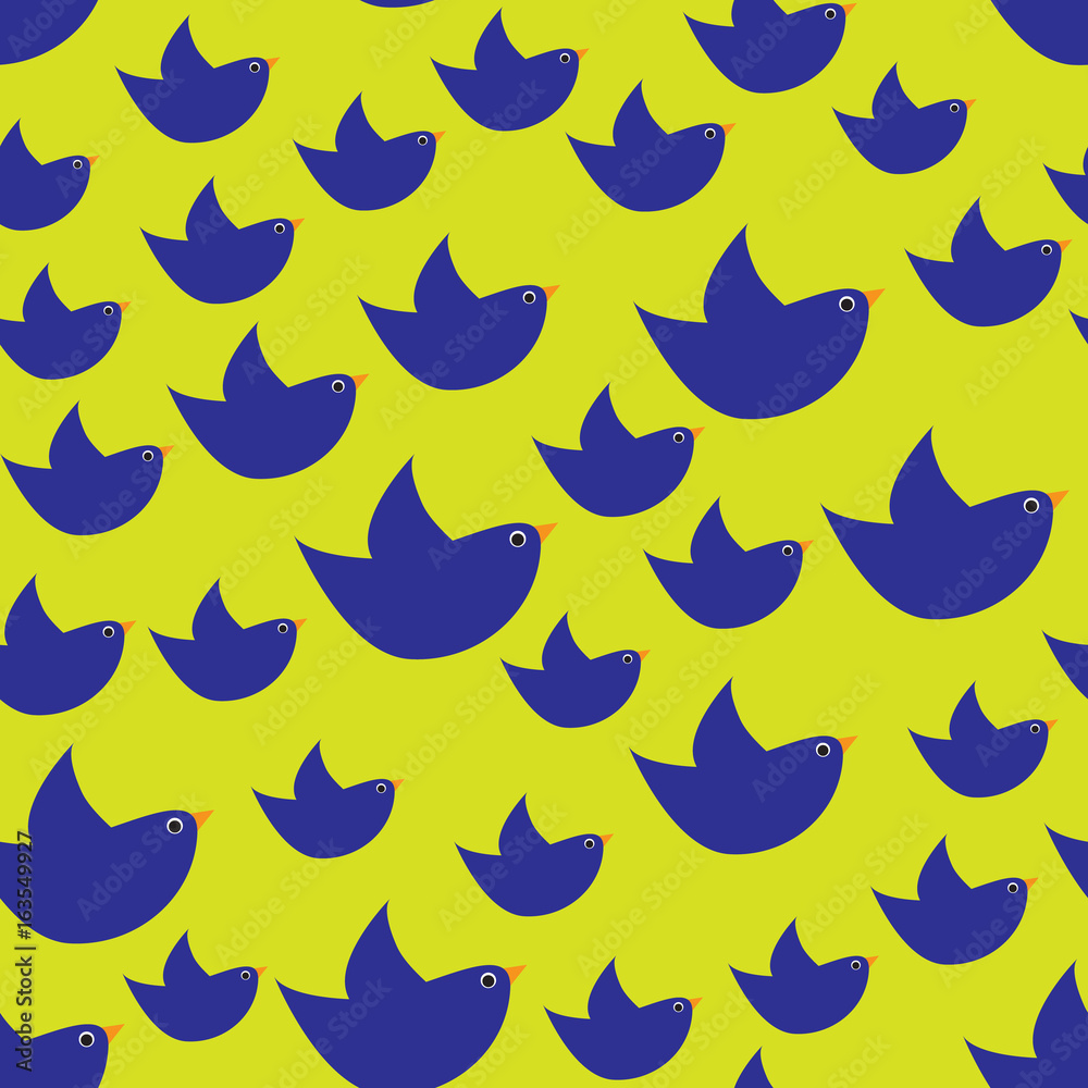 Blue simple birds on the lemon yellow background. Bright seamless pattern for backdrop, textile print, fabric or wrapping paper Blue simple birds on the lemon yellow background. Bright seamless pattern for backdrop, textile print, fabric or wrapping paper