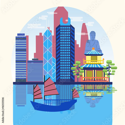 Travel skyline harbour with tourist junk.