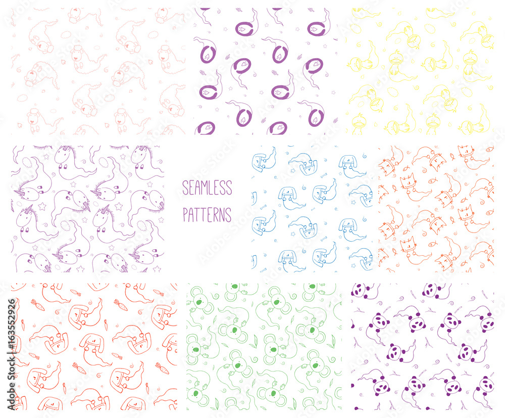 Set of hand drawn cute seamless vector patterns with ghost animals: cat, dog, panda, unicorn, rabbit, sheep, duck, penguin and koala, on a white background.