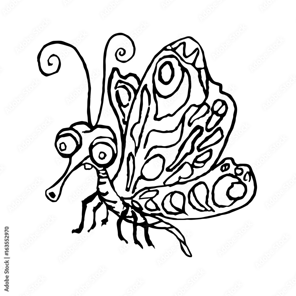 Funny butterfly or moth, hand drawn doodle black and white sketch in pop art style, vector illustration