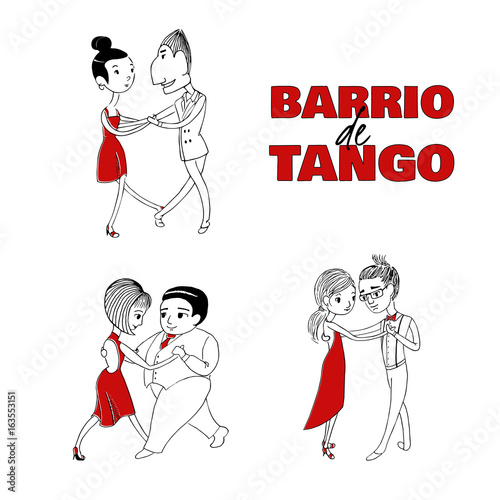 Hand drawn vector illustration of tree dancing couples with Spanish text Barrio de tango, meaning Tango district.