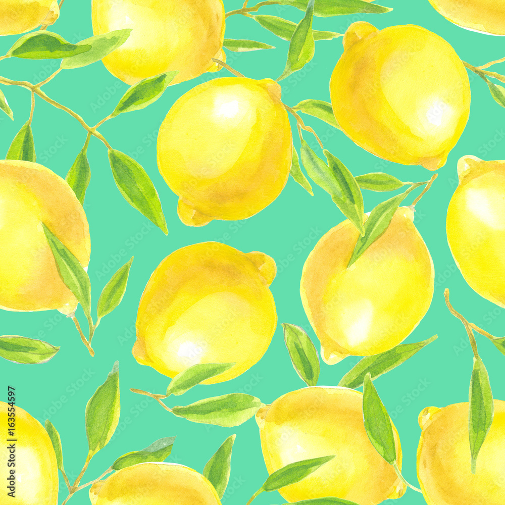 Seamless pattern made of watercolor lemons and leaves. Element for design. Seamless pattern made of watercolor lemons and leaves. Element for design.