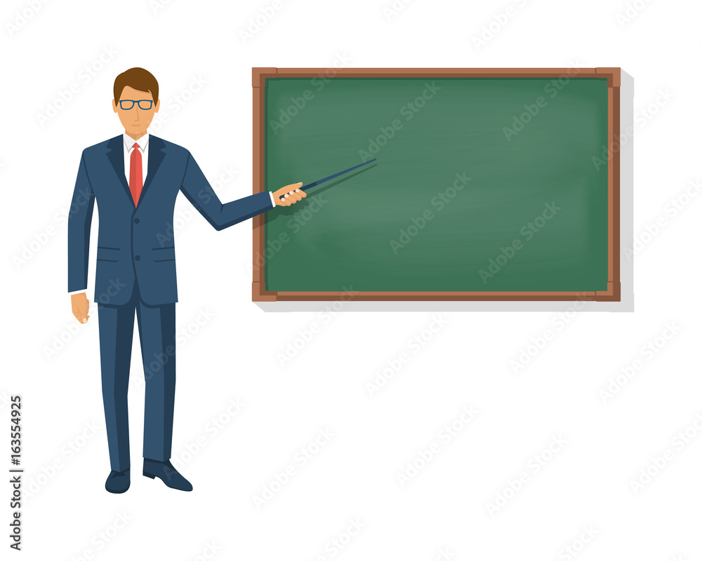 Teacher standing in front of blank school blackboard. Professor in suit with pointer in hand points to green board. Vector illustration flat style. Template for design. Education concept.
Teacher standing in front of blank school blackboard. Professor in suit with pointer in hand points to green board. Vector illustration flat style. Template for design. Education concept.