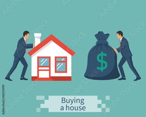 Buying house. Deal sale and purchase of real, concept. Vector illustration flat design. Money home. Isolated on background. Meeting sales agent, realtor, with buyer. Businessmen push house, bag money.