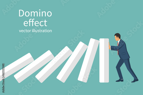 Domino effect. Stopping chain reaction business solution. Successful intervention. Man stops falling domino pushes hands. Vector illustration flat design. Isolated on background. Businessman in suit.