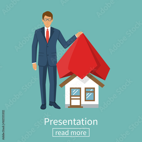 Presentation house. Businessman presents project at home covered with red silk cloth. Opening construction concept. Vector illustration flat design. Isolated on background. Show home.