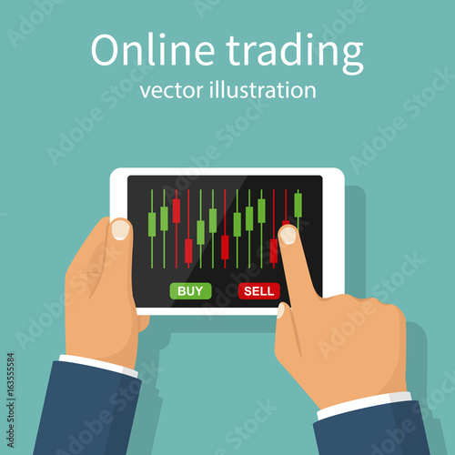 Online trading. Successful businessman stock trader conducts business in internet. Concept e-commerce banking. Stock market analysis, forex exchange. Vector flat design. Isolated on white background.