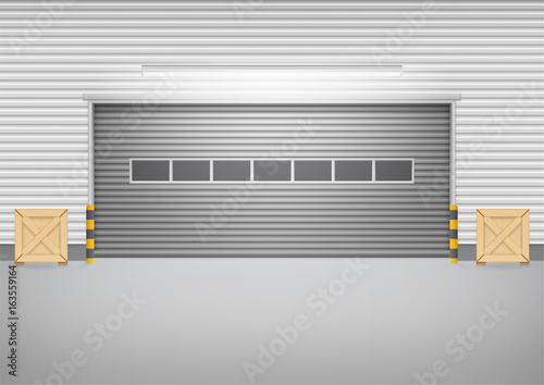 Roller door or roller shutter. Also called security door or security shutter. For protect residential, commercial and industrial building i.e. house, factory, warehouse, hangar. Vector illustration.