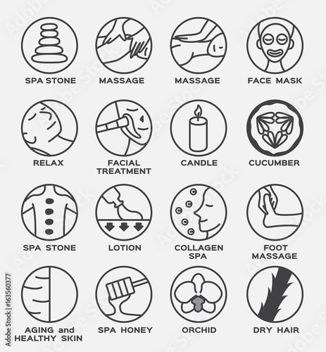 spa and skin icon vector / massage stone face mask relax facial treatment candle cucumber lotion collagen foot orchid aging dry hair