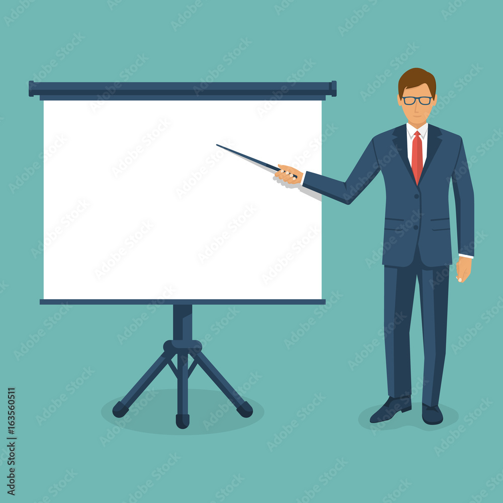 Businessman presenting. Man in suit with pointer in hand, white empty board presentation. Template for chart, trainings, reports. Space advertising, promotion. Vector design. Isolated on background.
Businessman presenting. Man in suit with pointer in hand, white empty board presentation. Template for chart, trainings, reports. Space advertising, promotion. Vector design. Isolated on background.