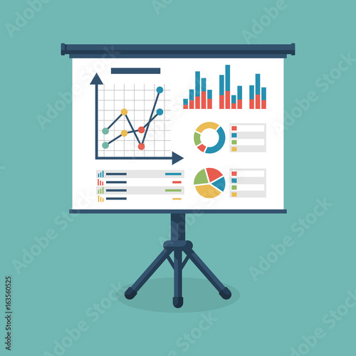 Business presentation icon. Flip chart with growing graph, diagram. Whiteboard isolated on background. Vector illustration flat design. Report screen with market data statistics business strategies.