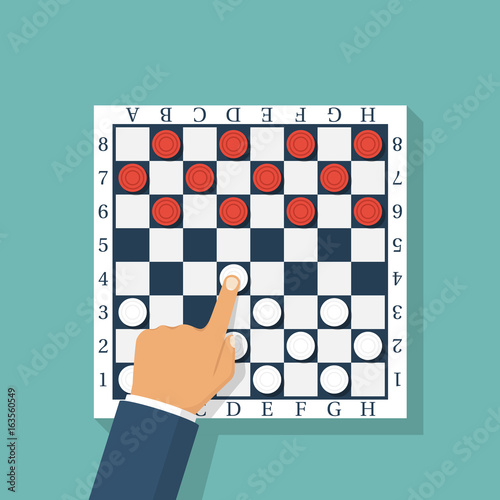 Checkers game. Chess player makes his first move with a white pawn. Checkerboard checkered. Vector illustration flat design. Isolated on background. Funny logical entertainment. Sport competitions.