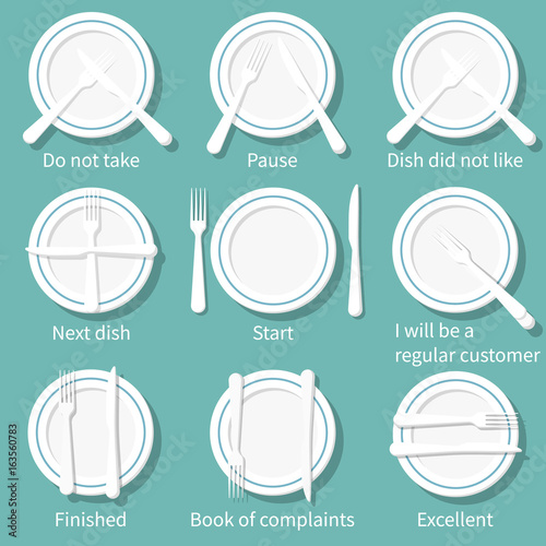 Table etiquette. Position of fork and knife on plate. Signal for waiter.  Quality of customer service. Rules of conduct at table. Vector illustration  design. Isolated on background. Information on menu Stock Vector