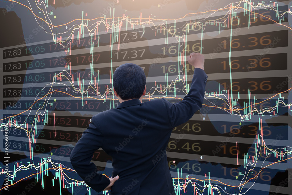 Fototapeta premium Double exposure business man using technology stock financial indices on currency exchange