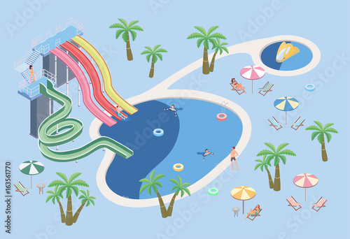 People in aqua park, relax at the pool. Swimming pool and water slides. Beach umbrellas, palm trees and tables with sun loungers. Vector isometric illustration.