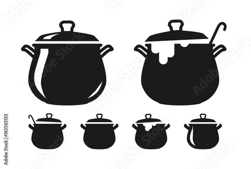 Pot with lid, pan of soup silhouette. Cooking, cuisine, cookery, culinary art, kitchen icon or logo. Vector illustration