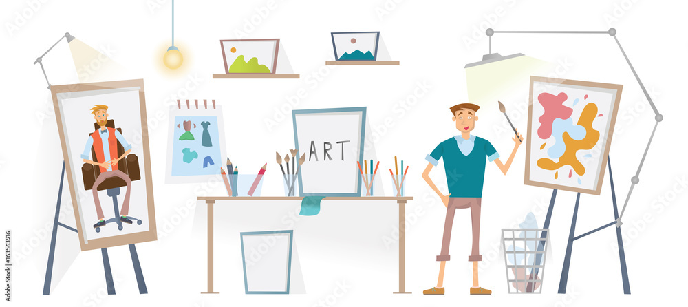 Obraz The artist working in his Studio. Young man with the brush standing at the easel. Vector illustration.