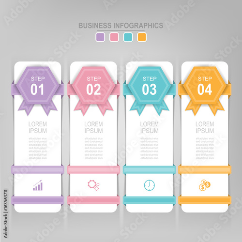 Infographic template of four steps on squares, tag banner, work sheet, flat design of business icon, vector