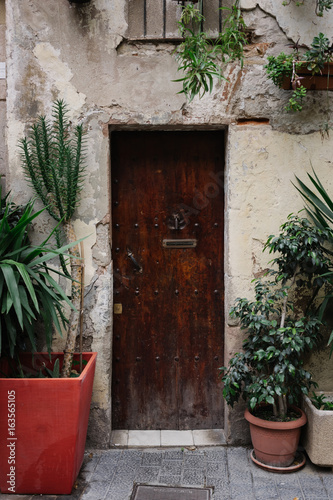 Front view on old house with plants in pots on facade and rustic brown wooden door. © BublikHaus