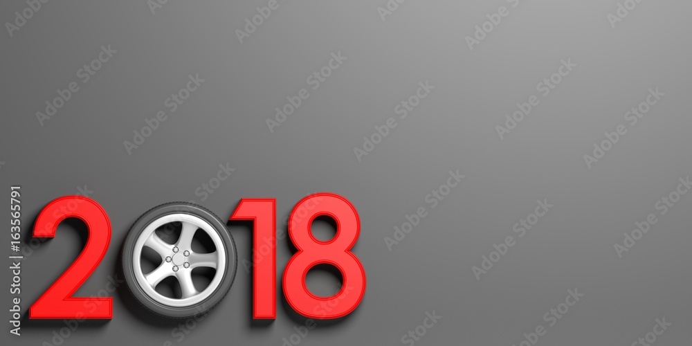 2018 with car's wheel on grey background. 3d illustration 2018 with car's wheel on grey background. 3d illustration