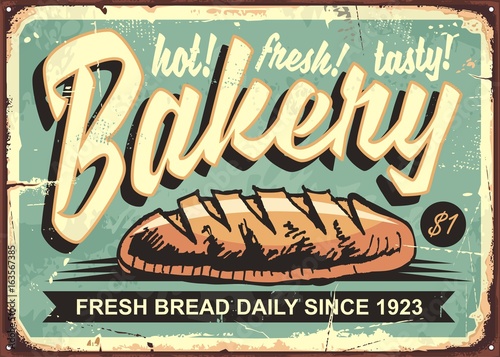 Bakery shop sign with hand drawn bread on old vintage background