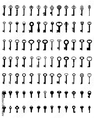 Set of black silhouettes of door keys, vector