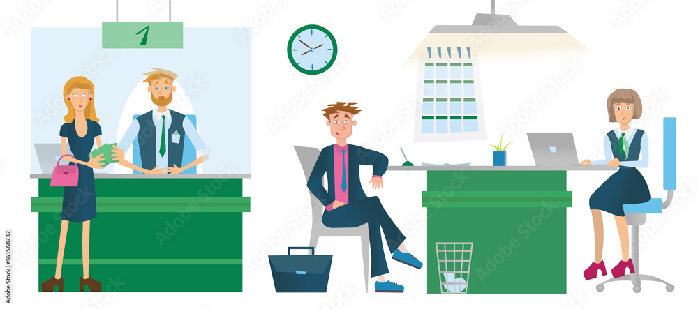 Cashiers or financial advisors and Bank customers. Issue of cash or loans. Business meeting in office. Vector illustration, isolated on white background.