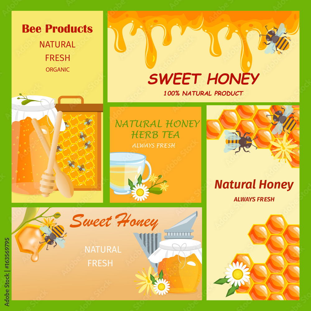 Honey horizontal vertical and square banners presenting sweet natural honey with bees hive and wax cells vector illustration