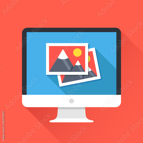 Computer with two photos on screen. Photo album app, multimedia, image library concepts. Modern long shadow flat design vector illustration