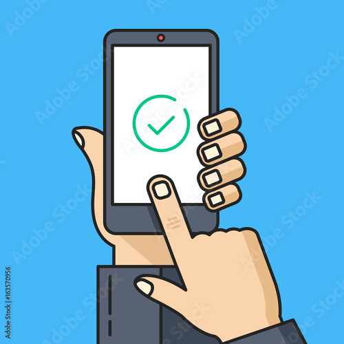 Check mark on smartphone screen. Hand holding smartphone, finger touching screen with green tick, checkmark. Confirm, accept, done, completed task concept. Modern thin line design. Vector illustration