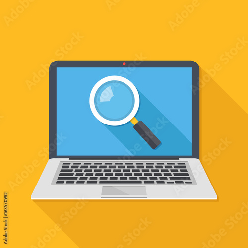 Laptop with magnifying glass on screen. Web search, internet search concepts. Modern long shadow flat design vector illustration