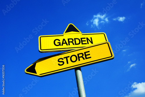 Garden vs Store - Traffic sign with two options - buy like vegetable and fruit in the shop and grocery vs breed and grow own ingredient and food photo