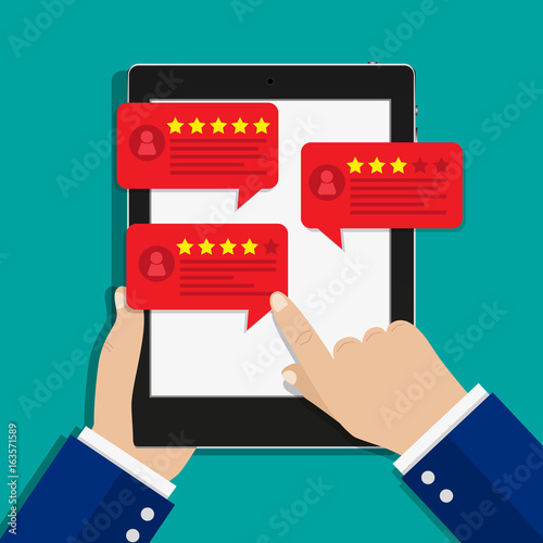 Review rating bubble speeches on tablet vector illustration, flat style
