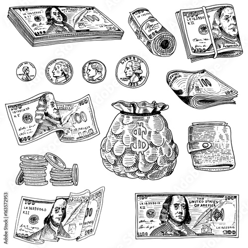 Detailed currency banknotes or american Franklin Green 100 dollars or cash and coin. engraved hand drawn in old sketch style, vintage money bill icons. financial success of US. Bag or purse of gold.