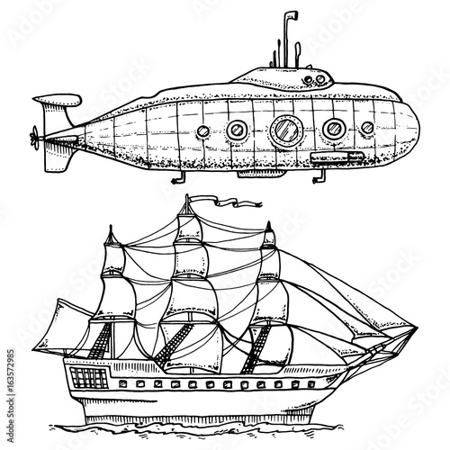 dives from Military Submarine or underwater boat with periscope to deep sea. cruise ship or Sailboat illustration. engraved hand drawn in old sketch style, vintage transport.