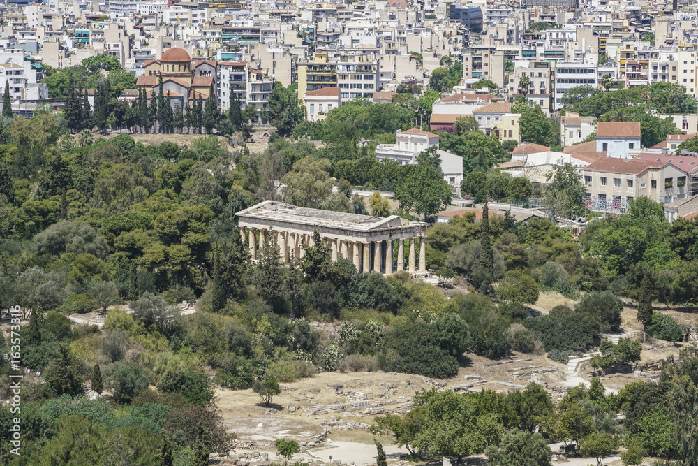 Panorama of Athens with view of the Agora and the Temple of Hermes in Ancient Agora in Greece.